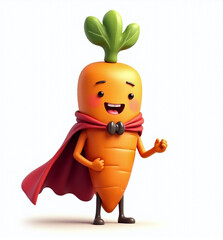 Carrot Superhero with Cape, 2D Kids Illustration on White Background

