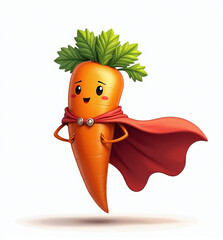 Carrot Superhero with Cape, 2D Kids Illustration on White Background

