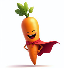 Carrot Superhero with Cape, 2D Kids Illustration on White Background

