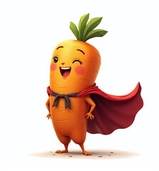 Carrot Superhero with Cape, 2D Kids Illustration on White Background

