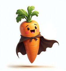 Carrot Superhero with Cape, 2D Kids Illustration on White Background

