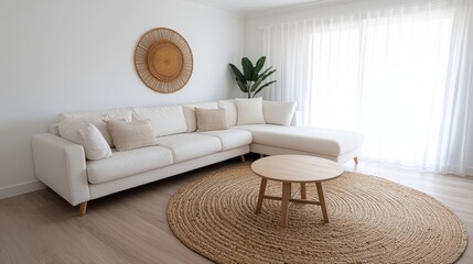 Cozy Interior Modern Minimalist, Bright, modern living room featuring a white sectional sofa, round wooden coffee table, and natural fiber rug, complemented by greenery and soft natural light.