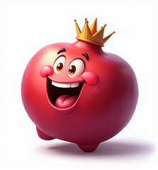 Pomegranate with Crown, 2D Kids Illustration on White Background

