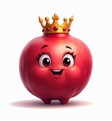 Pomegranate with Crown, 2D Kids Illustration on White Background

