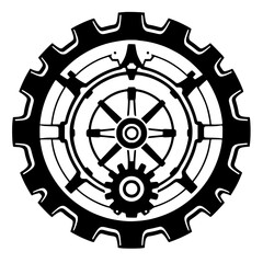 Obraz premium Black and White Gear Wheel with Interlocking Steampunk Style, Mechanical Design, and Inner Circle