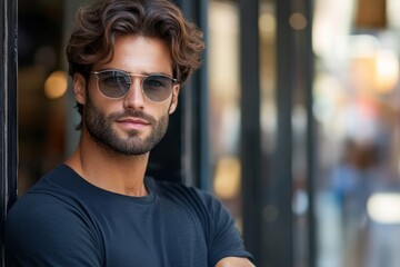 Fototapeta premium Stylish man with sunglasses posing confidently in urban setting during sunny afternoon