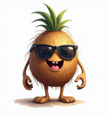 Coconut with Sunglasses, 2D Kids Illustration on White Background

