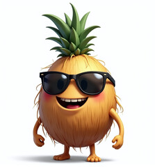 Coconut with Sunglasses, 2D Kids Illustration on White Background

