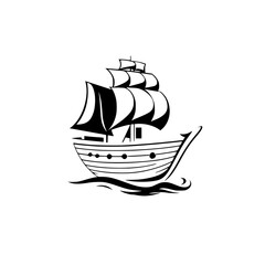 A minimalist illustration of a clipper ship on a simplified sea.