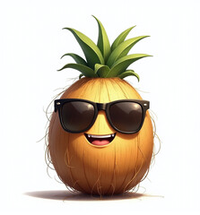 Coconut with Sunglasses, 2D Kids Illustration on White Background

