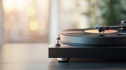 Obraz premium Close-up of a vintage vinyl record player on a wooden table with blurred warm lighting in the background, retro music concept