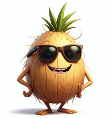 Coconut with Sunglasses, 2D Kids Illustration on White Background

