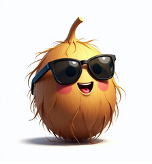 Coconut with Sunglasses, 2D Kids Illustration on White Background

