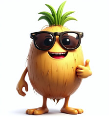 Coconut with Sunglasses, 2D Kids Illustration on White Background

