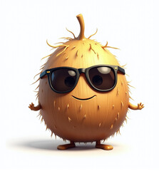 Coconut with Sunglasses, 2D Kids Illustration on White Background

