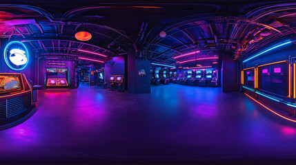 360 degree panorama of neon light industrial basement room with cyber punk design and neon blue and violet lights 3d render illustration hdr hdri vr virtual reality environment map
