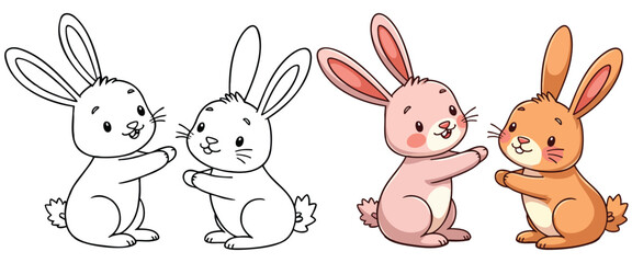 Two Rabbits (Bunny) are playing Line Art Vector Outline Illustration Black and White with Coloring Sample. Bold and Easy Frost and Wild Animal Coloring Pages for Adults and Kids