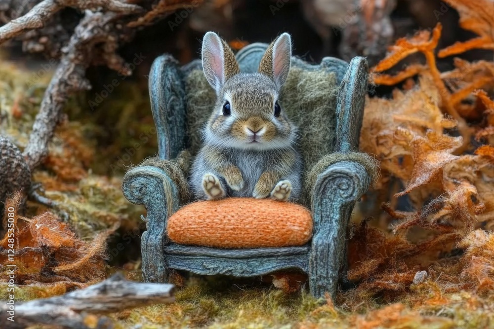 Poster small bunny sits on a tiny chair surrounded by autumn leaves in a forest setting