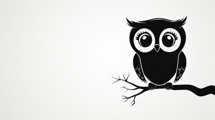 Naklejka premium Cute black owl perched on a branch against a light background surrounded by simplicity and whimsy