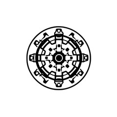 Intricate Geometric Black and White Wheel-Like Mandala-Style Structure on White Background.
