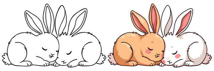 Two Rabbits (Bunny) are resting Line Art Vector Outline Illustration Black and White with Coloring Sample. Bold and Easy Frost and Wild Animal Coloring Pages for Adults and Kids