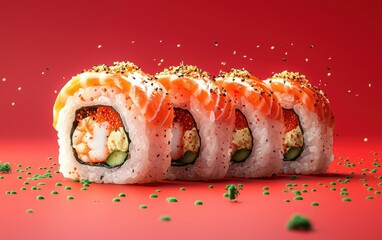 3D icon cartoon of Flying tiger roll with shrimp tempura, spicy mayo, and tobiko on a pastel red background