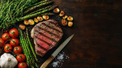 Grilled steak, veggies, dark wood, overhead
