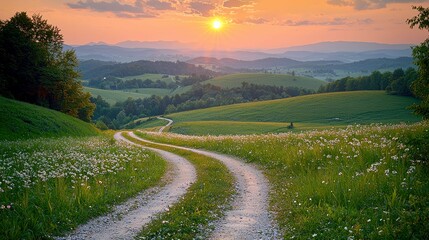 Naklejka premium Sunset Landscape: Serene Country Road Winding Through Flower Fields and Rolling Hills