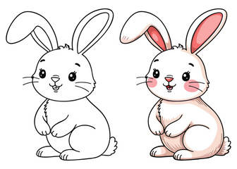 Two Rabbits (Bunny) Line Art Vector Outline Illustration Black and White with Coloring Sample. Bold and Easy Frost and Wild Animal Coloring Pages for Adults and Kids