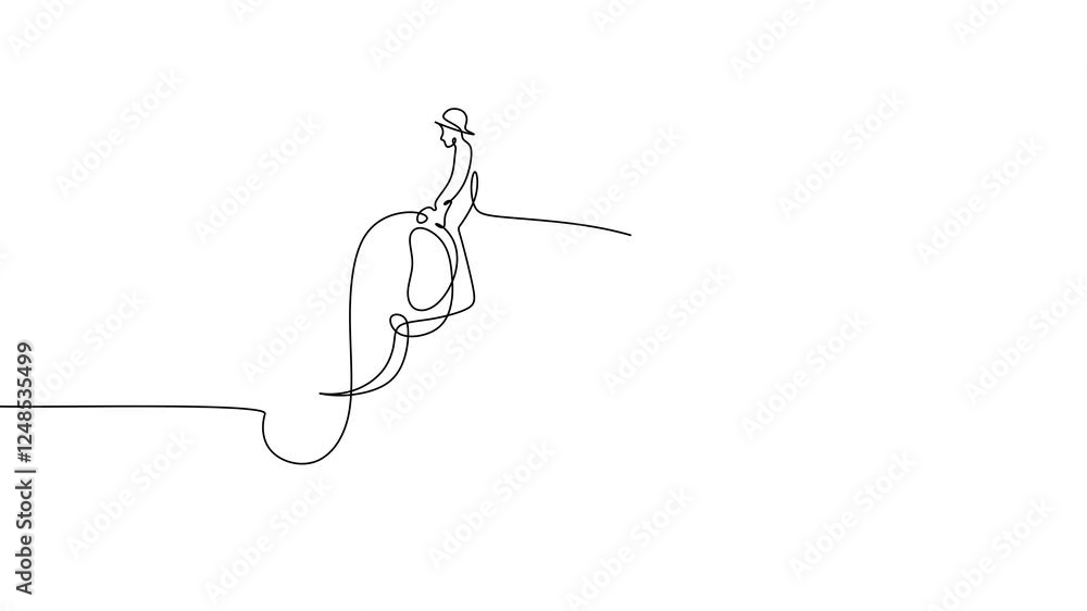 Poster continuous one line drawing animation of man riding elephant isolated on white background. animation