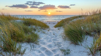 Sunset Beach Path: Serene Seascape, Golden Hour, Coastal Dune Landscape
