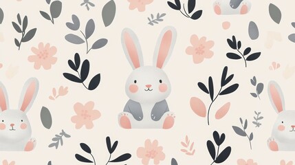 A vintage-style bunny illustration surrounded by soft floral shapes, set on a light beige background with pastel pink and gray tones.