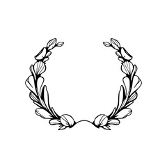 Black and white illustration of a stylized floral wreath, minimalist and elegant.