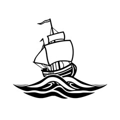 Simple, stylized, black and white image of a tall ship on the water, sailing, with full sails. The ship is in the waves.