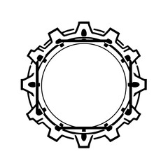 Gear-shaped outline encompassing a concentric square and circle, a mechanical emblem, gears, and a blank space.
