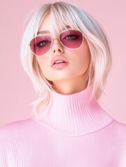 Model with pastel pink sweater and sunglasses posing against a soft pink background to highlight trendy fashion style