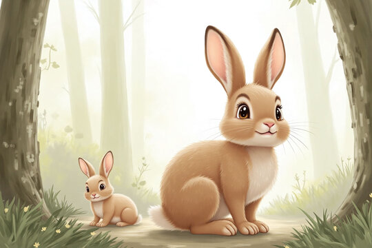 two rabbits in serene, misty forest setting watercolor style rendering