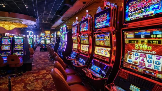 A vibrant casino floor with rows of colorful slot machines. The wide-angle shot captures the lively atmosphere, resembling a video game arcade.