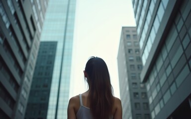 Fototapeta premium A solitary figure stands amidst towering modern architecture, showcasing urban life and design.