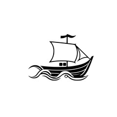 Simple, minimalist image of a sailboat with black and white stripes, waves, and a waving flag, with a simplified, stylized aesthetic.