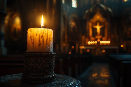 Lit candle in church, altar background, prayer