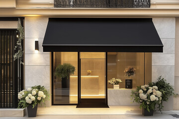 Chic storefront with black awning and floral displays.
