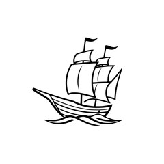Minimalist illustration of a sailing ship with two masts, simple lines, and flags.