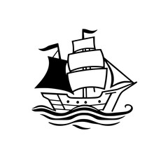 Vector illustration of a black and white stylized sailing ship on a white background.