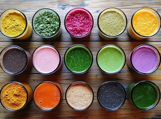 Naklejka premium Vibrant Vegetable and Fruit Smoothies: A Colorful Guide to Healthy Blends for Wellness