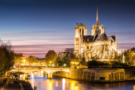 Notre Dame cathedral illuminated at dusk, Paris, France