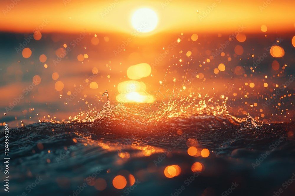 Aufkleber golden sunset over ocean water, creating mesmerizing splashes and bokeh effects.