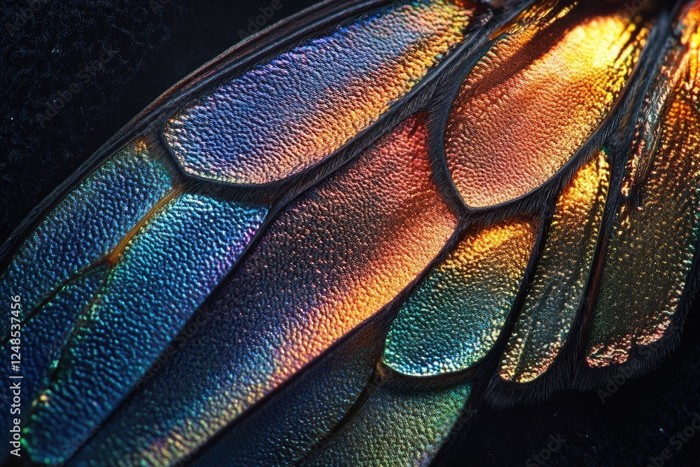 Poster close-up of iridescent insect wing, showcasing vibrant colors and intricate texture.