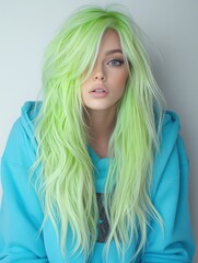 Fototapeta premium Model with vibrant green hair wearing a blue hoodie poses against a light background in a calm indoor setting