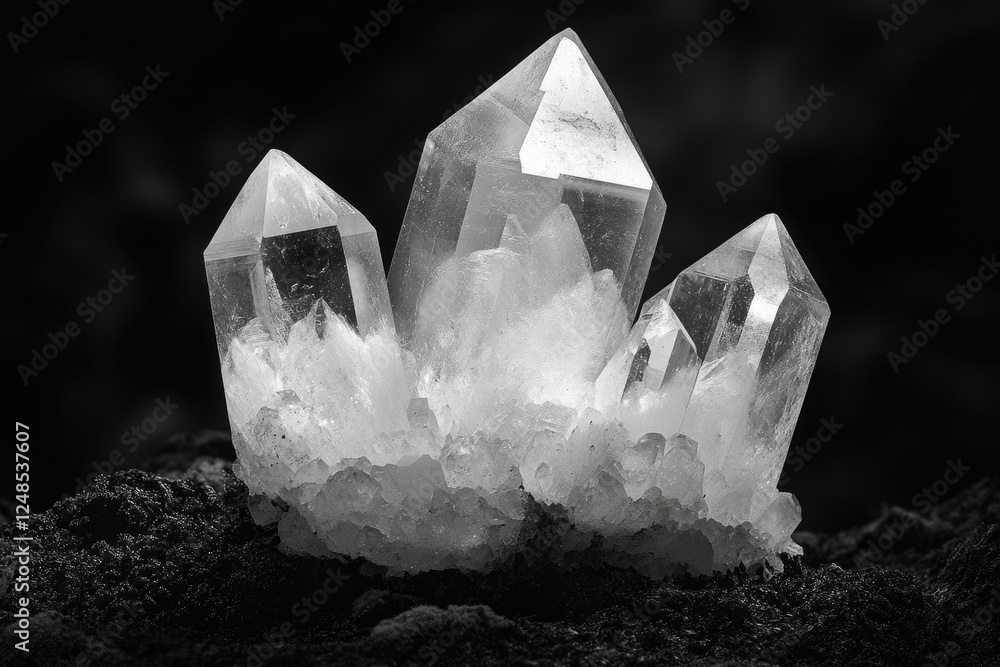 Poster Cluster of translucent quartz crystals on dark background, showcasing their sharp points and intricate formations.